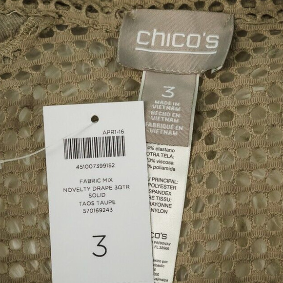 Chico's 3 Size XL Tan Open Knit Novelty Drape Mesh 3/4 Sleeve Cardigan Jacket - Picture 3 of 6